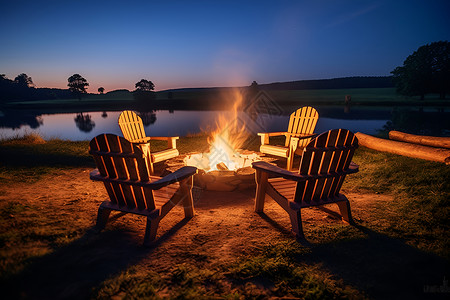 户外露营的湖畔篝火背景图片