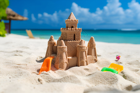 夏季儿童夏季度假沙滩上的儿童玩具背景