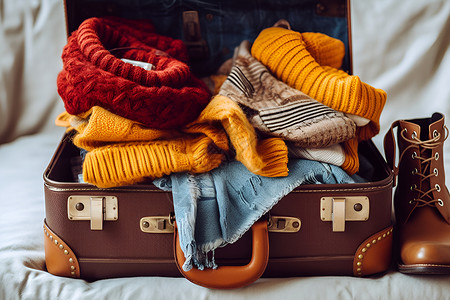 冬季出行展板行李箱中的服饰背景