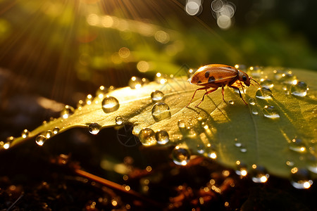 阳光洒在叶片瓢虫上背景图片