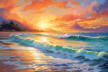 美丽的日落夕阳余晖下海滩插画