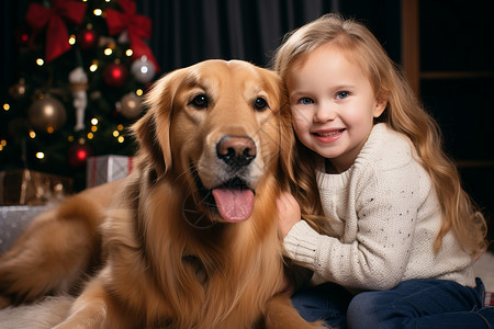 圣诞树前的金毛和女孩背景图片