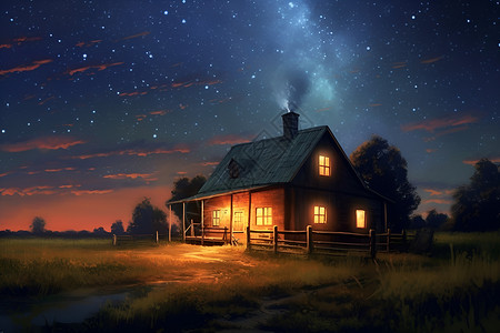 草地灯光夜空下的小屋插画