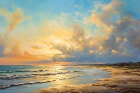 在日落日落沐浴在柔和金色光芒中的海滩插画