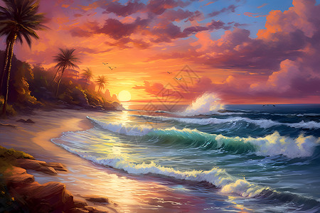 夕阳下海滩的美景背景图片