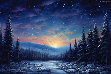 冬天油画星空下的冬日森林插画