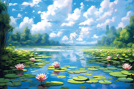湖畔美丽的花朵背景图片