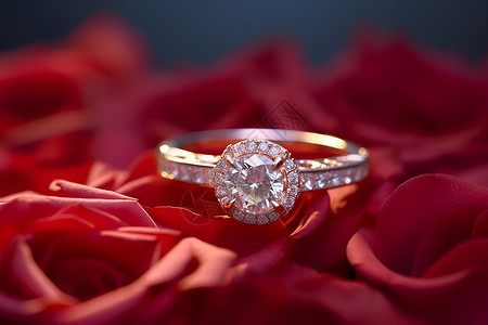 昂贵珠宝红玫瑰中的钻戒之美背景