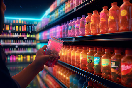 饮料超市五彩斑斓的超市饮料货架插画