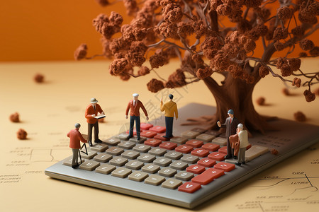 微缩人物站在计算器上的树旁背景图片