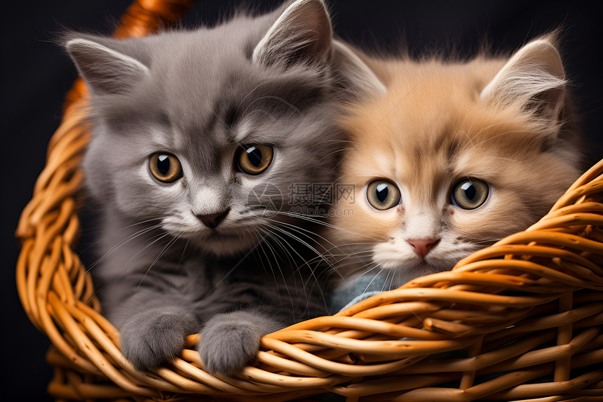 两只小猫咪坐在篮子里图片
