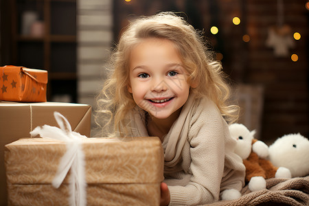 圣诞礼物前的小女孩背景图片