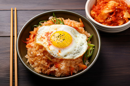 新鲜制作的韩式泡菜拌饭背景图片