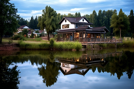 湖畔森林中的小屋背景图片