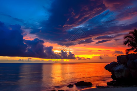 日落海天一色的美丽景观背景图片