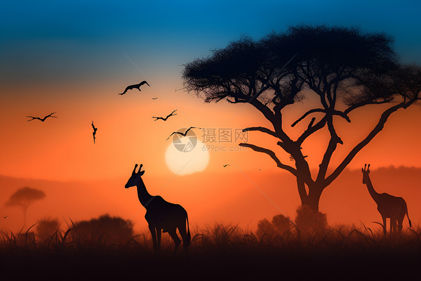 日出中的非洲飞鸟与长颈鹿图片