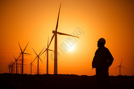 日落风能发电厂的维修工人背景图片