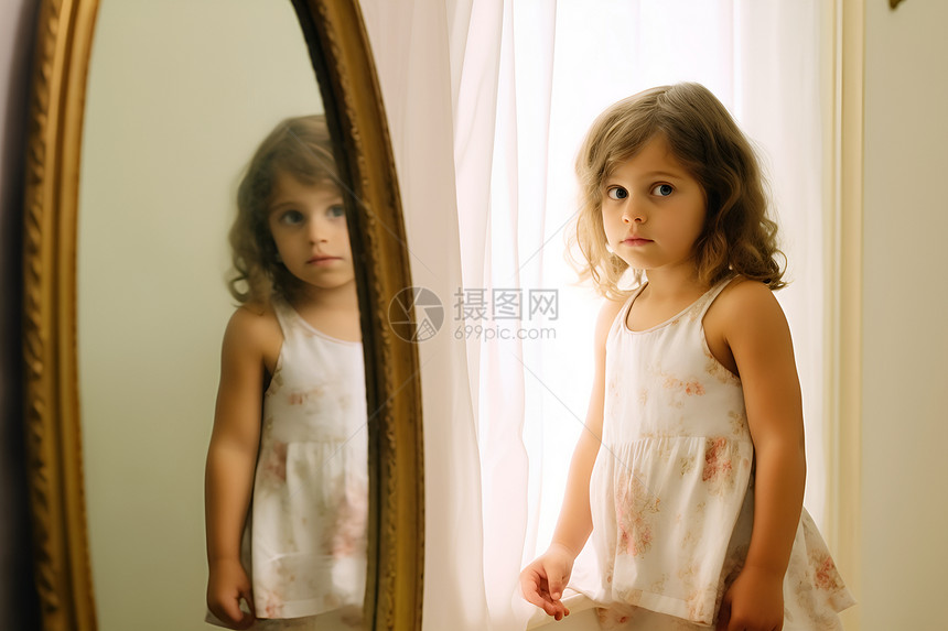 镜子前可爱的小女孩图片