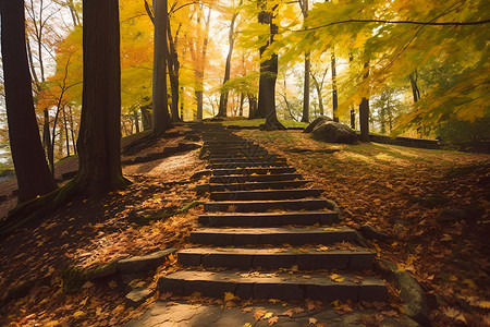 秋季森林中的石梯建筑背景图片