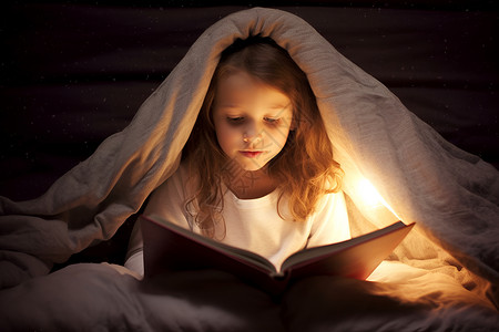 夜晚卧室中看书的女孩背景图片