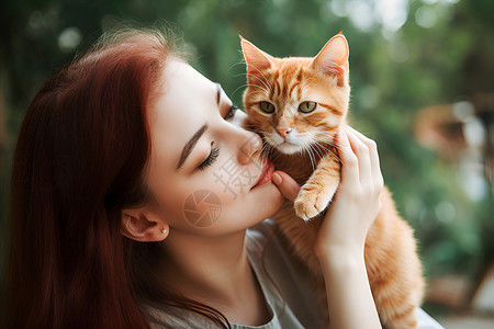 亲吻动物女士怀抱可爱的猫咪背景