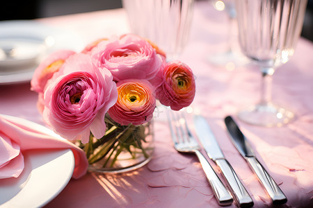 粉色花卉与银餐具背景图片