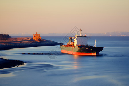 远洋货船驶入港口背景图片
