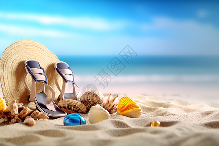 海边的草帽和贝壳背景图片