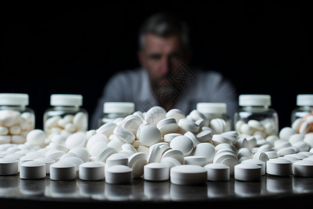 一个男人坐在一堆药物前背景图片