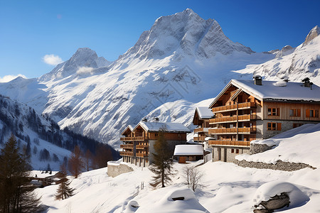 冬日白雪中的山间木屋背景图片