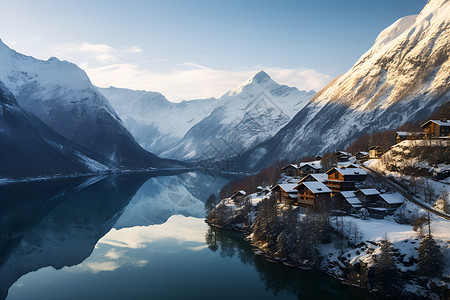 雪山下的湖泊和房屋图片