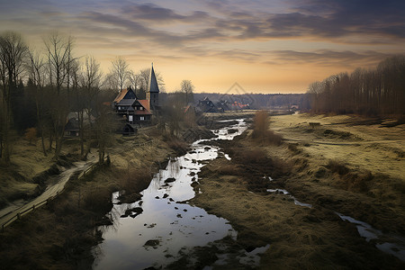 一条河流穿越乡村高清图片