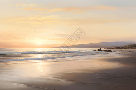 日出油画清晨海滩的油画插画