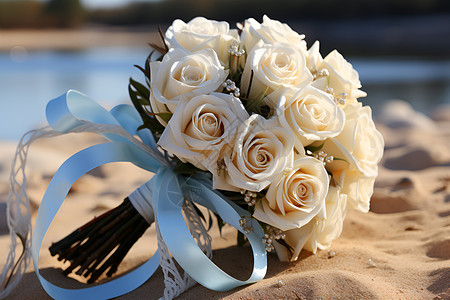 沙滩上一束洁白玫瑰背景图片