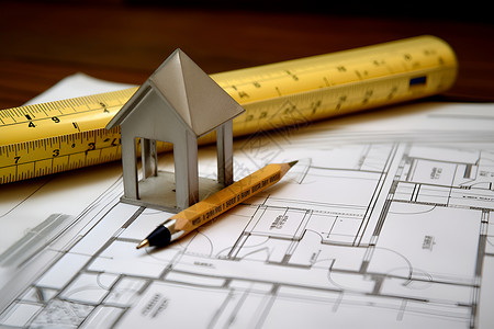 建筑测量房屋模型和建筑图纸背景