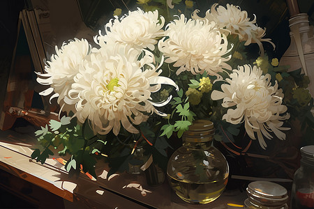 白色木质背景白色的菊花插画