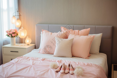 粉色温馨的床背景图片