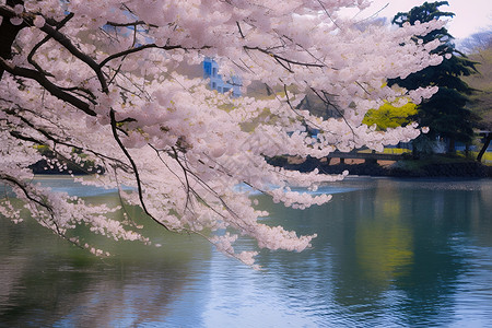 河边盛开的樱花背景图片