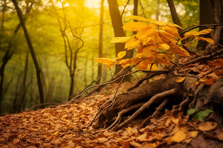秋季树林中的落叶背景图片