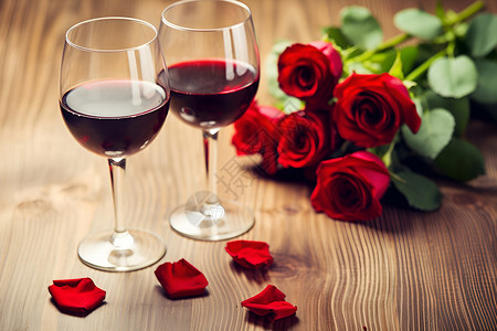 桌子上的酒杯和玫瑰背景图片