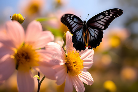 花海中飞舞的蝴蝶背景图片