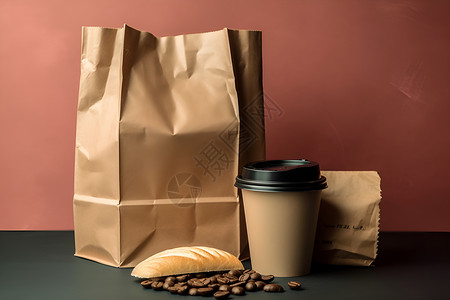 浓缩咖啡杯桌上袋子和咖啡杯背景