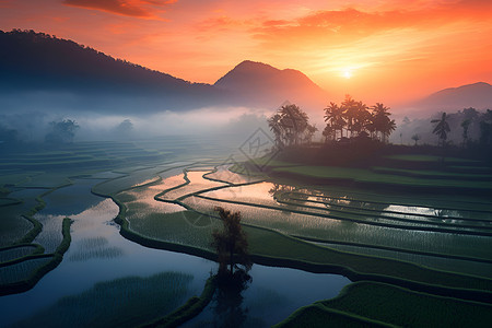 早晨的稻田背景图片