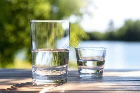 桌上的水杯户外木桌上的玻璃水杯背景