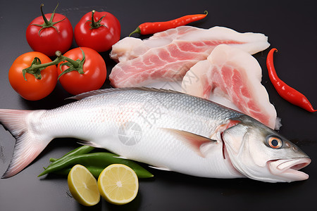 新鲜的鲈鱼蔬菜背景图片