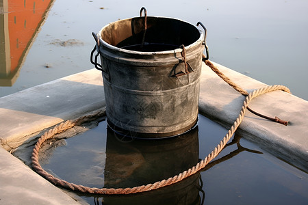 农村水井旁的水桶和绳子背景图片