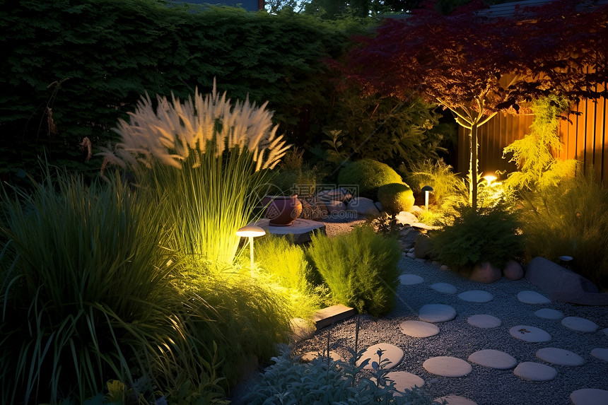 夜幕下的庭院花园景观图片
