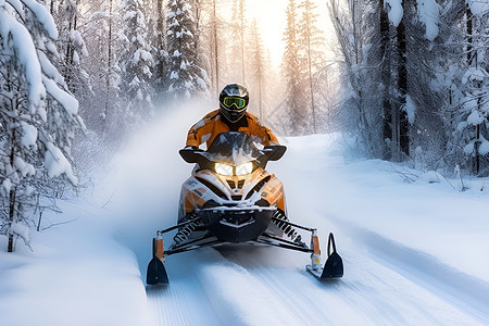 骑雪地摩托穿越雪林的人高清图片