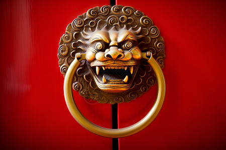 中国青铜狮子装饰门环背景图片