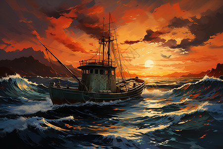 出海捕捞巨浪中艰难航行的轮船插画